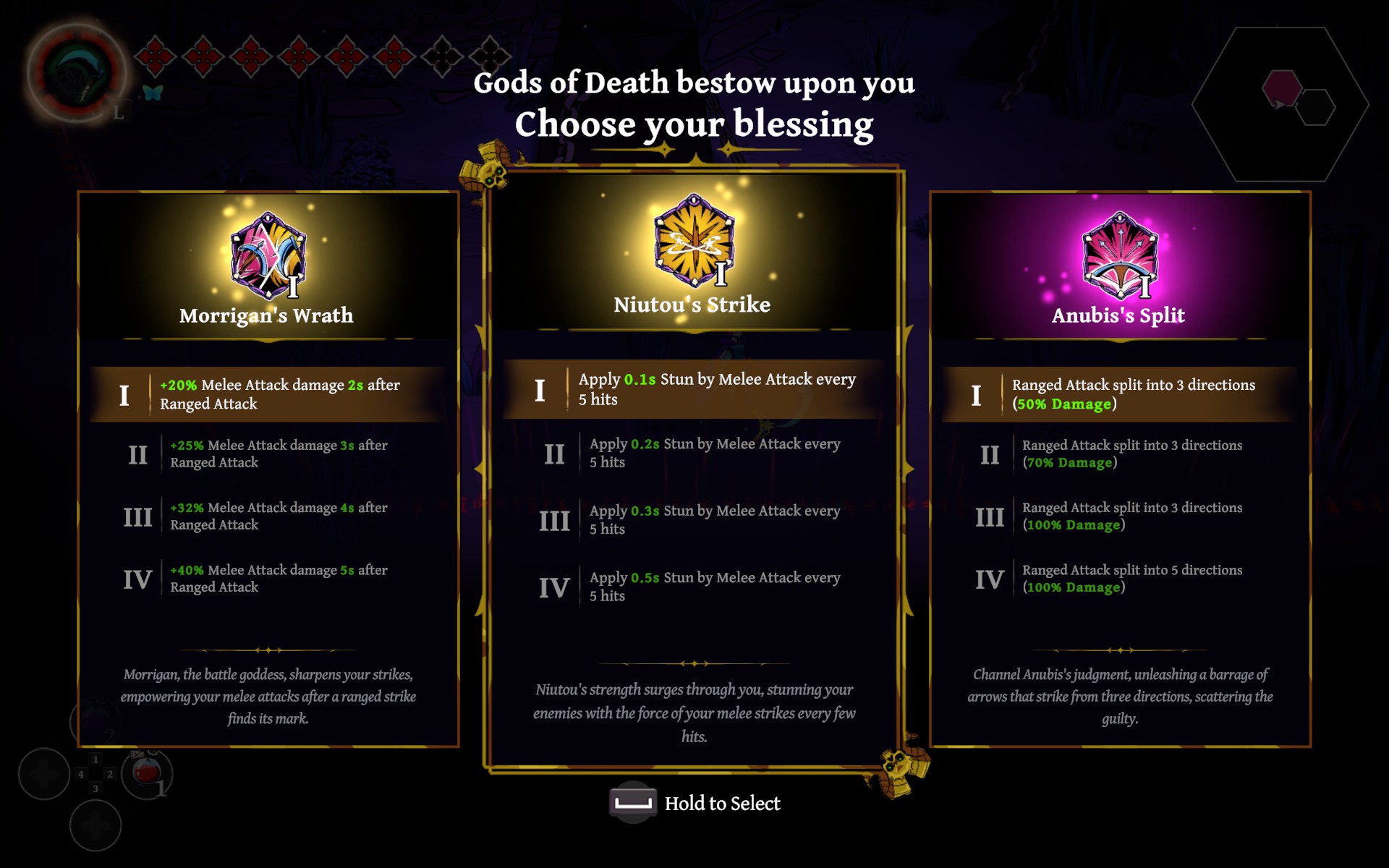 In-game Blessing picker: Morrigan's Wrath, Niutou's Strike, Anubis's Split, ranks I–IV