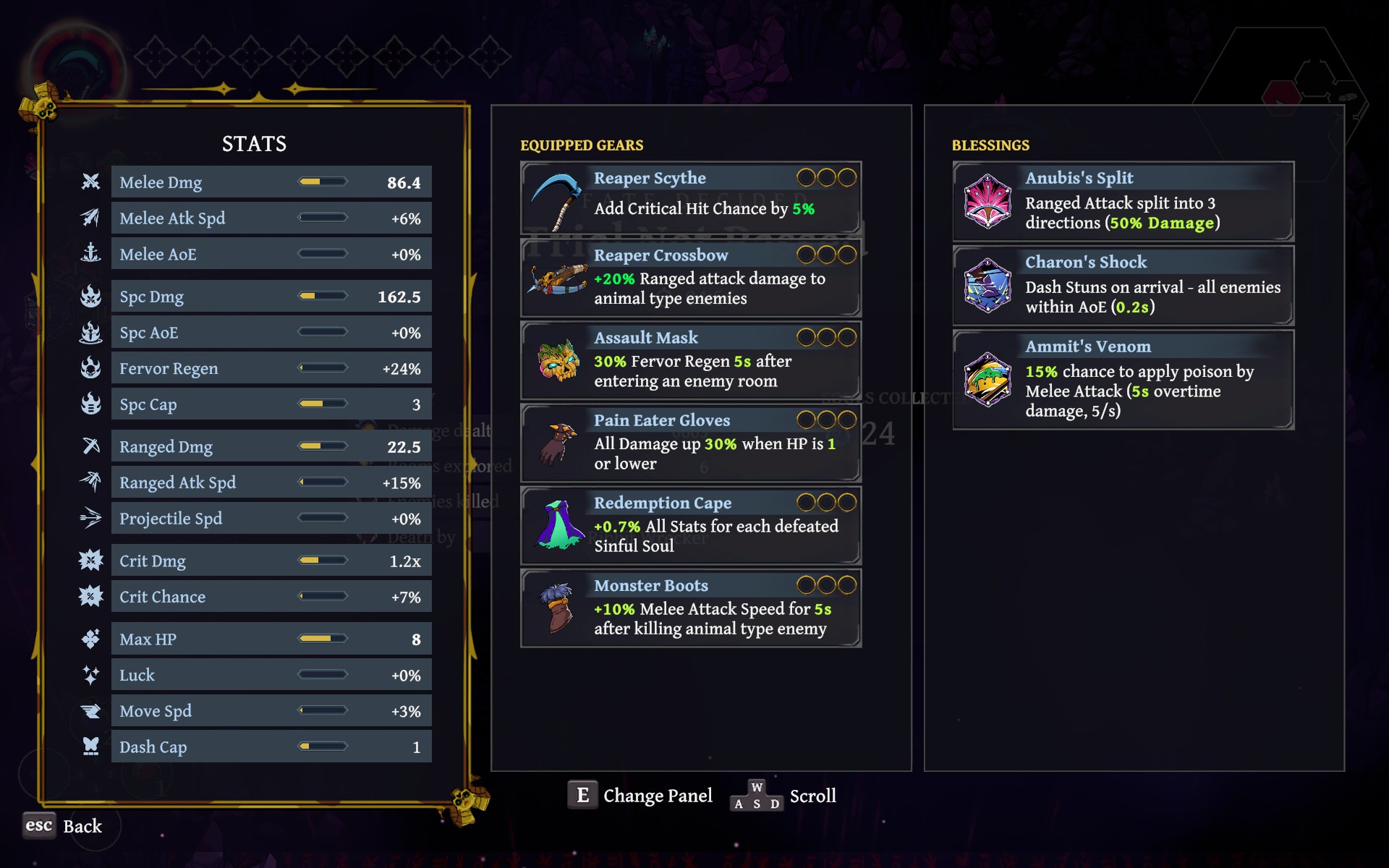 Pause build panel with named gear and Blessings
